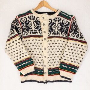VTG Norsk Handstrikk Handknit Cardigan Sweater Womens M Cream Fair Isle Norway